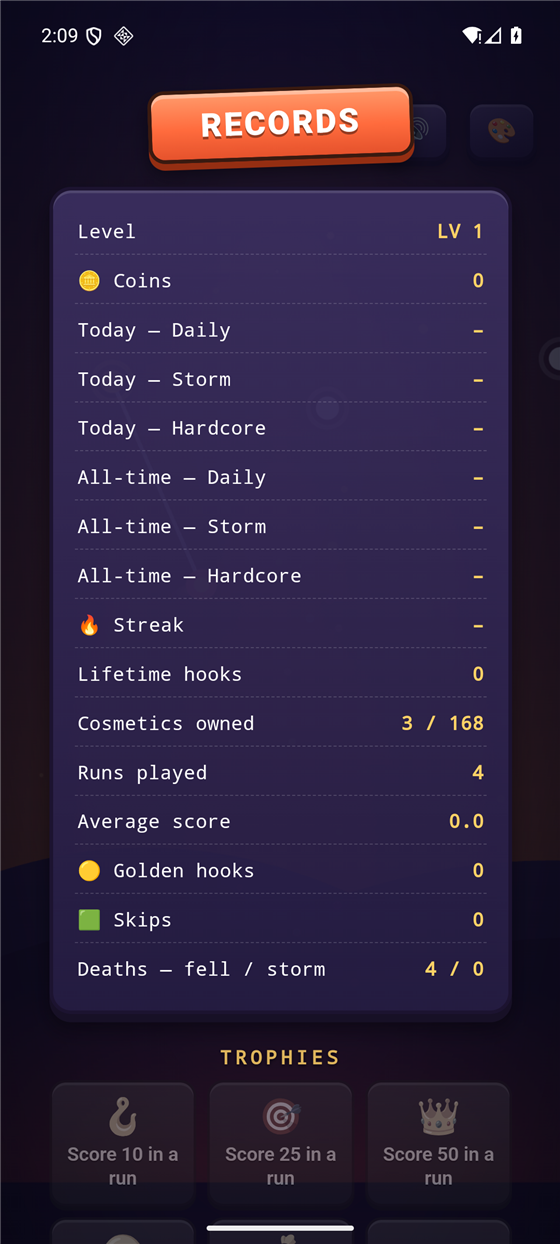 The HOOKED records and trophies screen